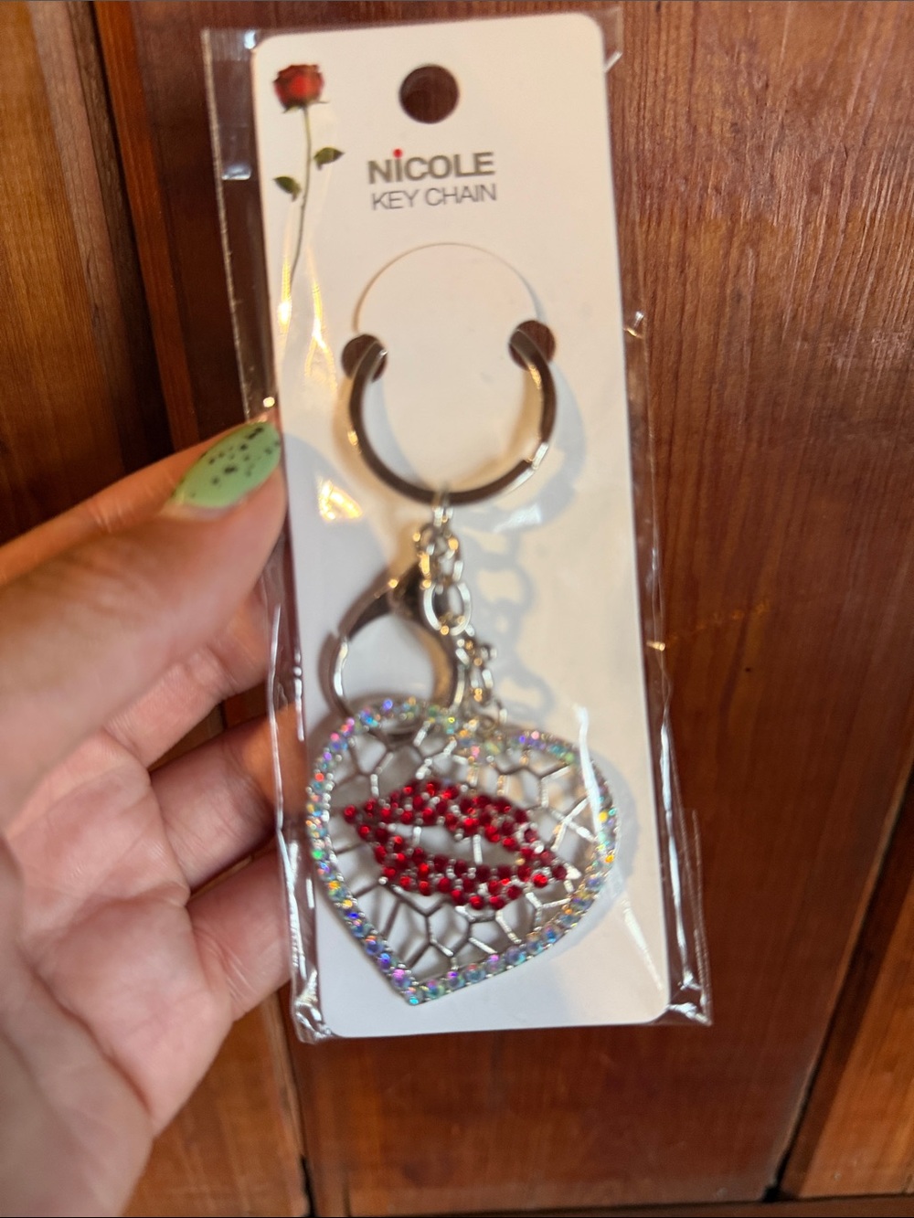 Nicole Red Lip Crystal Heart Key Chain Bag charm